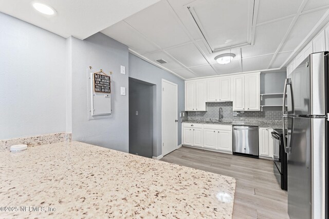 2617 Lake Shore Blvd, Jacksonville, FL 32210 - kitchen with appliances with stainless steel finishes, white cabinets, a sink, light wood-style floors, and backsplash