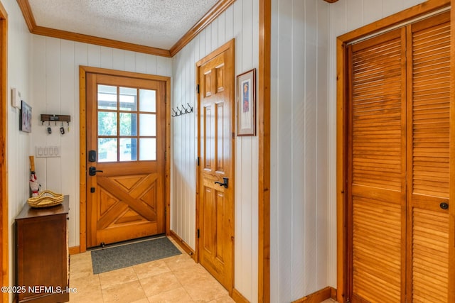 130 Woodbury Trl, Satsuma, FL 32189 - doorway to outside with crown molding, a textured ceiling, and wooden walls