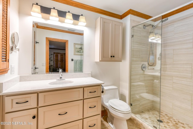 130 Woodbury Trl, Satsuma, FL 32189 - bathroom featuring a shower stall, toilet, vanity, and crown molding