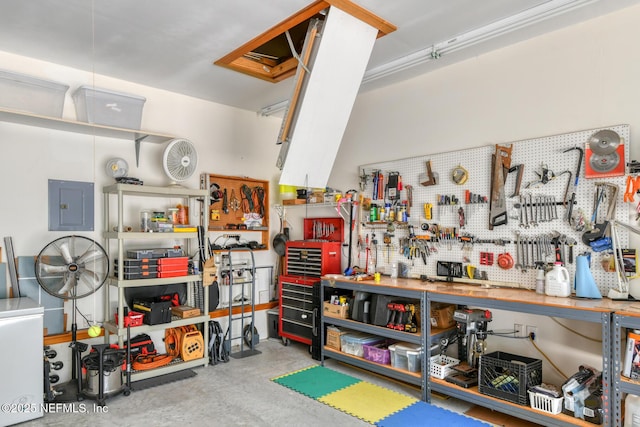 130 Woodbury Trl, Satsuma, FL 32189 - garage featuring a workshop area and electric panel