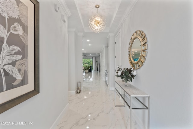 360 Rustic Mill Dr, Saint Augustine, FL 32092 - corridor featuring marble tiled flooring, ornamental molding, a chandelier, baseboards, and recessed lighting