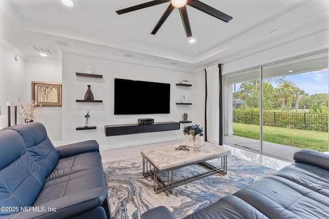 360 Rustic Mill Dr, Saint Augustine, FL 32092 - living room with a ceiling fan, a raised ceiling, recessed lighting, ornamental molding, and baseboards