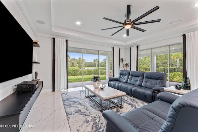 360 Rustic Mill Dr, Saint Augustine, FL 32092 - living room with a tray ceiling, ceiling fan, light marble finish flooring, and recessed lighting