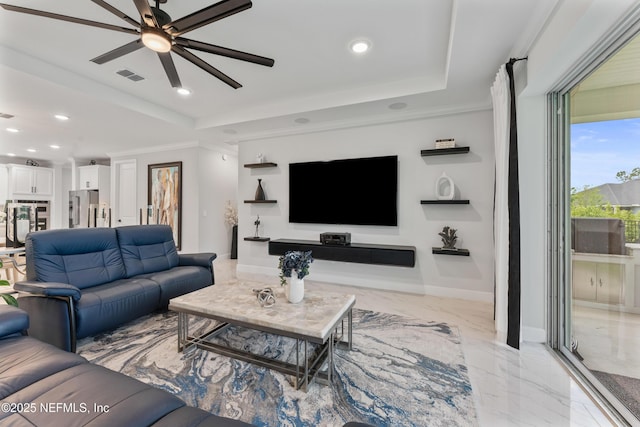 360 Rustic Mill Dr, Saint Augustine, FL 32092 - living area with a ceiling fan, recessed lighting, light marble finish floors, ornamental molding, and baseboards