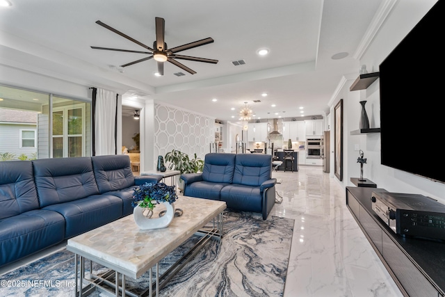 360 Rustic Mill Dr, Saint Augustine, FL 32092 - living room with ceiling fan, light marble finish flooring, recessed lighting, and wallpapered walls