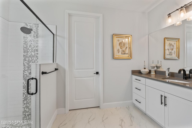 360 Rustic Mill Dr, Saint Augustine, FL 32092 - bathroom featuring a stall shower, baseboards, and marble finish flooring