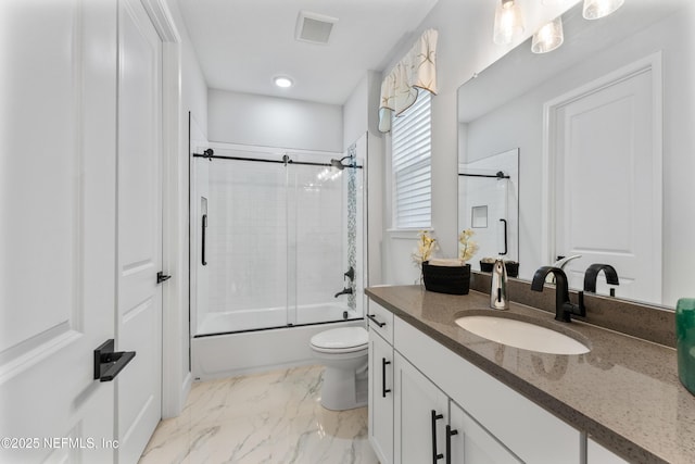 360 Rustic Mill Dr, Saint Augustine, FL 32092 - bathroom featuring vanity, enclosed tub / shower combo, toilet, and marble look tile flooring