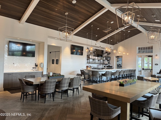 223 Creek Pebble Dr, Ponte Vedra, FL 32081 - dining area featuring wooden ceiling, a chandelier, beamed ceiling, and high vaulted ceiling