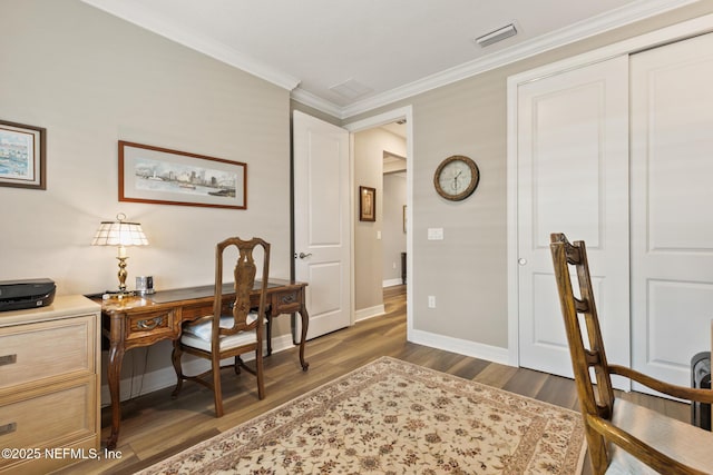 223 Creek Pebble Dr, Ponte Vedra, FL 32081 - home office featuring dark wood finished floors, baseboards, and crown molding