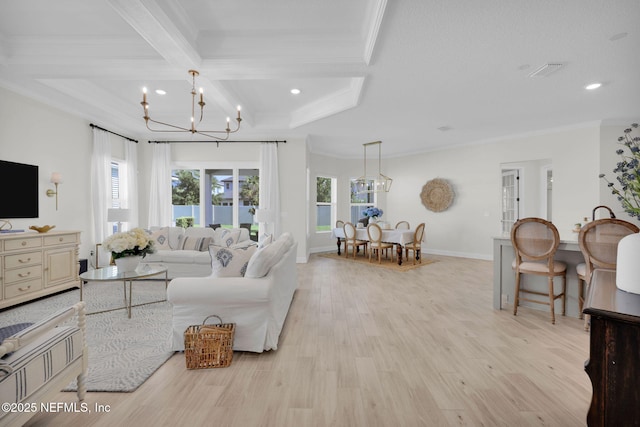 111 Bucktail Ave, Ponte Vedra, FL 32081 - living room featuring ornamental molding, a chandelier, beam ceiling, light wood-style flooring, and recessed lighting