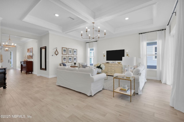111 Bucktail Ave, Ponte Vedra, FL 32081 - living room with a chandelier, beam ceiling, crown molding, coffered ceiling, and light wood-type flooring
