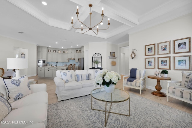 111 Bucktail Ave, Ponte Vedra, FL 32081 - living area with crown molding, a chandelier, light wood finished floors, beamed ceiling, and recessed lighting