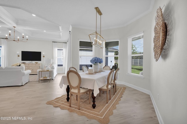 111 Bucktail Ave, Ponte Vedra, FL 32081 - dining space featuring a chandelier, light wood-type flooring, crown molding, baseboards, and recessed lighting