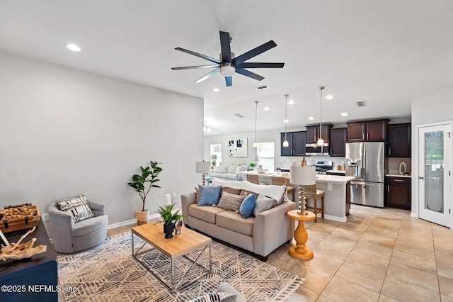 481 Fox Water Trl, Saint Augustine, FL 32086 - living area with a ceiling fan, recessed lighting, light tile patterned floors, and baseboards