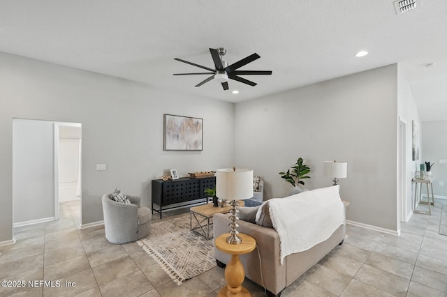 481 Fox Water Trl, Saint Augustine, FL 32086 - living room featuring ceiling fan, recessed lighting, baseboards, and light tile patterned floors