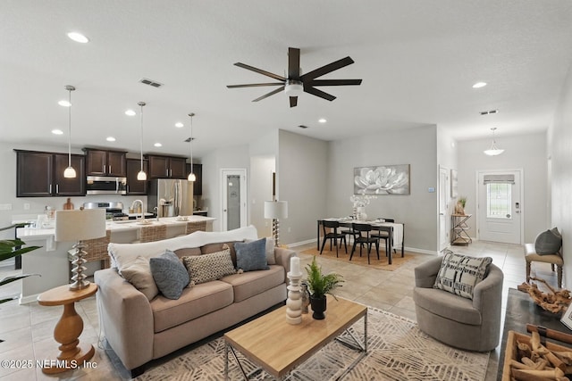 481 Fox Water Trl, Saint Augustine, FL 32086 - living room featuring recessed lighting, ceiling fan, light tile patterned flooring, and baseboards