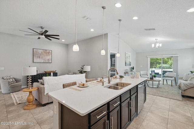481 Fox Water Trl, Saint Augustine, FL 32086 - kitchen with open floor plan, a sink, stainless steel dishwasher, vaulted ceiling, and ceiling fan