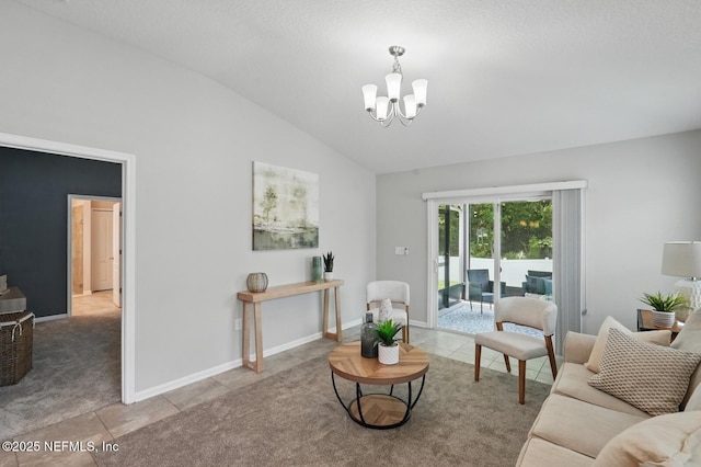 481 Fox Water Trl, Saint Augustine, FL 32086 - tiled living room featuring a chandelier, lofted ceiling, and baseboards