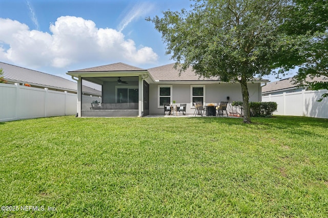 481 Fox Water Trl, Saint Augustine, FL 32086 - back of house featuring ceiling fan, a sunroom, a patio area, and a shingled roof