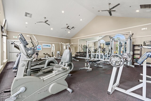 10961 Burnt Mill Rd Unit 1311, Jacksonville, FL 32256 - gym featuring a ceiling fan, recessed lighting, and high vaulted ceiling