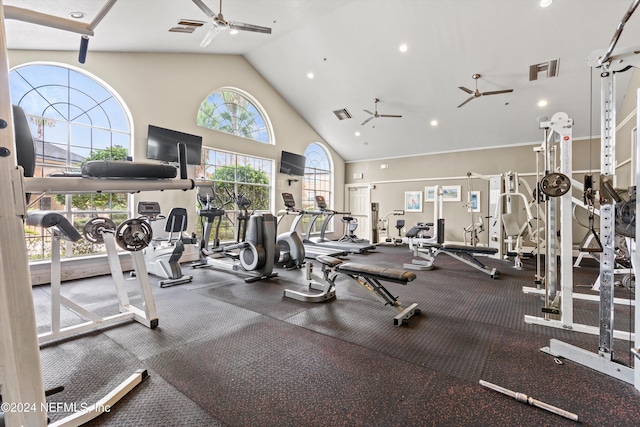 10961 Burnt Mill Rd Unit 1311, Jacksonville, FL 32256 - exercise room with a ceiling fan, high vaulted ceiling, and recessed lighting