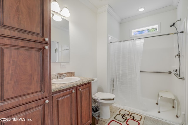 4824 Stephen St, Hastings, FL 32145 - full bath featuring crown molding, curtained shower, toilet, vanity, and tile patterned flooring