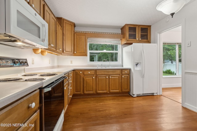 2520 Elbow Rd, Orange Park, FL 32073 - kitchen featuring white appliances, brown cabinetry, a sink, light wood finished floors, and light countertops