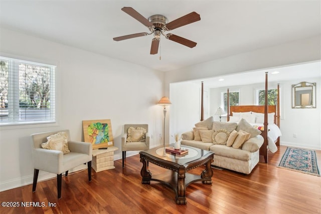 3429 Sea Marsh Rd, Fernandina Beach, FL 32034 - living room featuring wood finished floors, a ceiling fan, baseboards, and recessed lighting