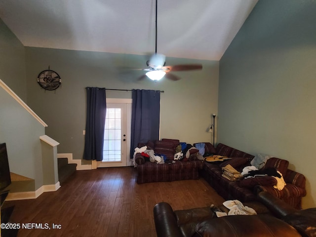 8741 Whispering Pines Dr, Jacksonville, FL 32244 - living area with lofted ceiling, hardwood / wood-style flooring, stairway, a ceiling fan, and baseboards