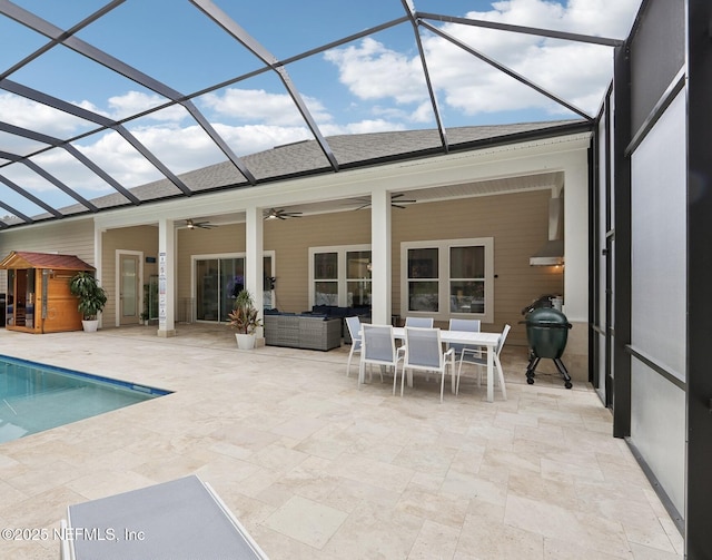 210 Terra Oaks Dr, Saint Johns, FL 32259 - outdoor pool featuring a ceiling fan, a patio area, outdoor lounge area, and glass enclosure