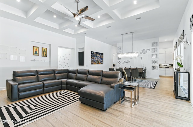 210 Terra Oaks Dr, Saint Johns, FL 32259 - living room with a ceiling fan, light wood finished floors, beam ceiling, coffered ceiling, and a towering ceiling