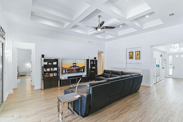210 Terra Oaks Dr, Saint Johns, FL 32259 - living area featuring a ceiling fan, light wood-style floors, coffered ceiling, a towering ceiling, and beam ceiling