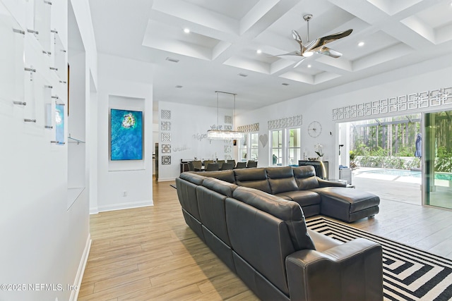 210 Terra Oaks Dr, Saint Johns, FL 32259 - living area with light wood finished floors, a ceiling fan, coffered ceiling, beam ceiling, and a towering ceiling