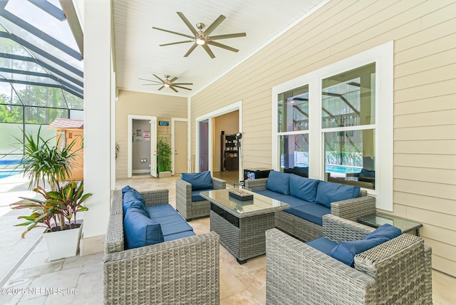210 Terra Oaks Dr, Saint Johns, FL 32259 - view of patio with an outdoor hangout area, ceiling fan, and glass enclosure