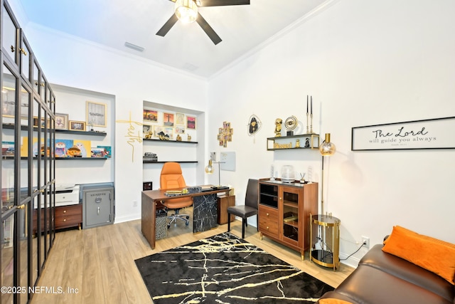 210 Terra Oaks Dr, Saint Johns, FL 32259 - office area with crown molding, a ceiling fan, and wood finished floors