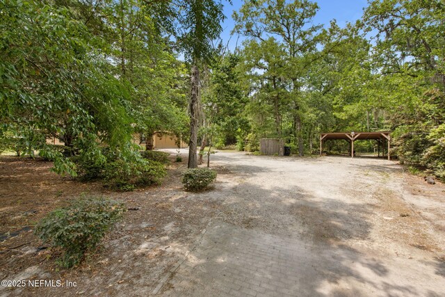 view of yard featuring a detached carport and driveway