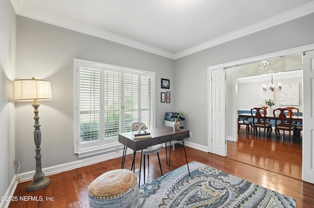 office with plenty of natural light, ornamental molding, wood finished floors, and baseboards