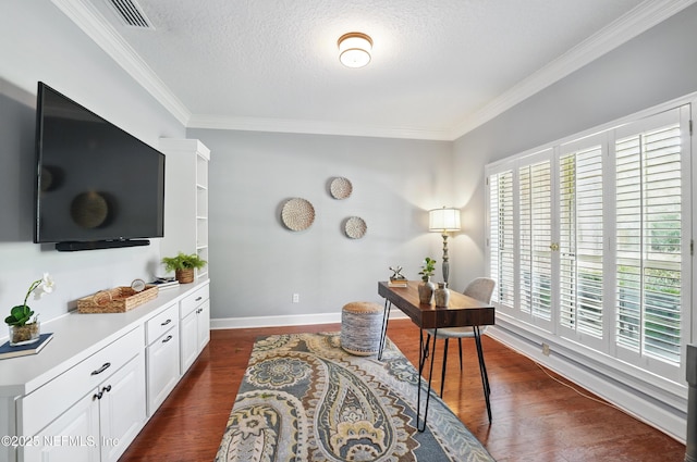 office space with ornamental molding, dark wood-style flooring, baseboards, and a textured ceiling