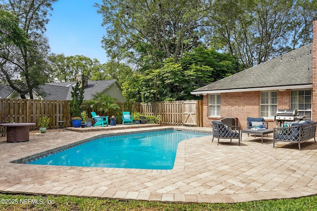view of pool with a patio area, an outdoor hangout area, a fenced backyard, and a grill
