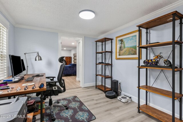 1874 Clinch Dr, Fernandina Beach, FL 32034 - office area featuring wood finished floors, a textured ceiling, baseboards, and crown molding