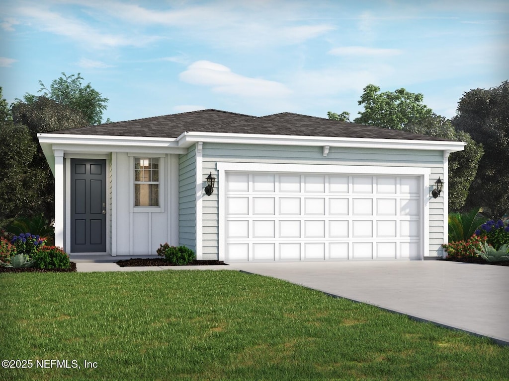 27 Dilly Ct, Palm Coast, FL 32164 - ranch-style house with concrete driveway, board and batten siding, a front yard, and an attached garage