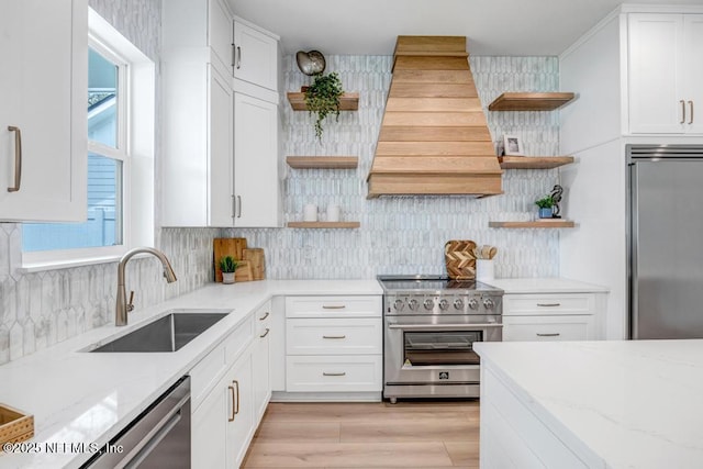 kitchen featuring open shelves, high end appliances, custom exhaust hood, a sink, and decorative backsplash