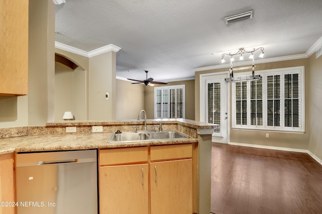12700 Bartram Park Blvd Unit 123, Jacksonville, FL 32258 - kitchen featuring dishwasher, a sink, ornamental molding, a peninsula, and dark wood-type flooring