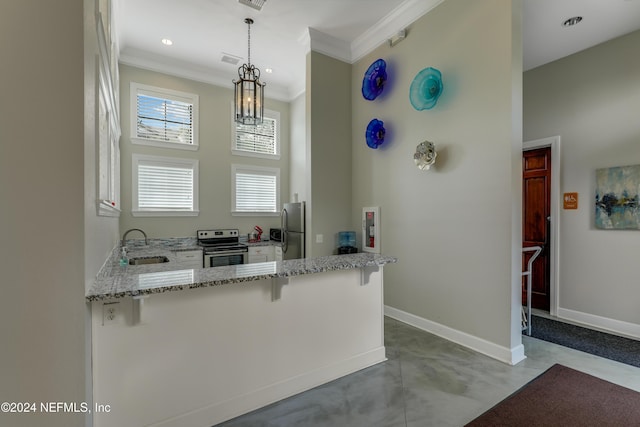 12700 Bartram Park Blvd Unit 123, Jacksonville, FL 32258 - kitchen with appliances with stainless steel finishes, ornamental molding, a sink, light stone countertops, and concrete flooring