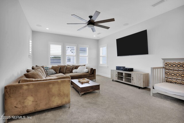 94 Anthem Ridge Dr, Ponte Vedra, FL 32081 - living area with a ceiling fan, carpet floors, baseboards, and recessed lighting