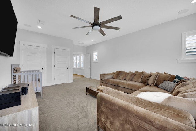 94 Anthem Ridge Dr, Ponte Vedra, FL 32081 - living room with a ceiling fan, light colored carpet, baseboards, healthy amount of natural light, and recessed lighting