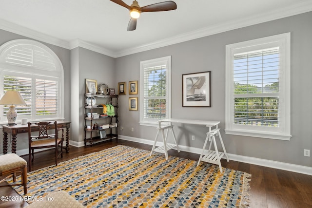 96321 Bay View Dr, Fernandina Beach, FL 32034 - office with ceiling fan, wood-type flooring, crown molding, and baseboards