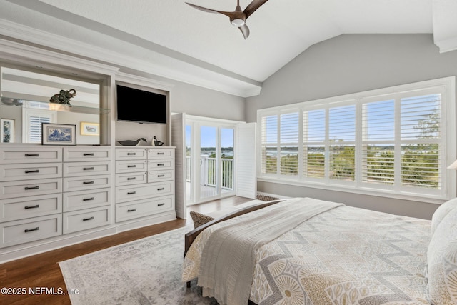 96321 Bay View Dr, Fernandina Beach, FL 32034 - bedroom featuring access to outside, dark wood-style floors, vaulted ceiling, and a ceiling fan