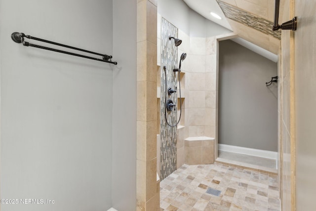 96321 Bay View Dr, Fernandina Beach, FL 32034 - full bath with tiled shower, recessed lighting, and vaulted ceiling