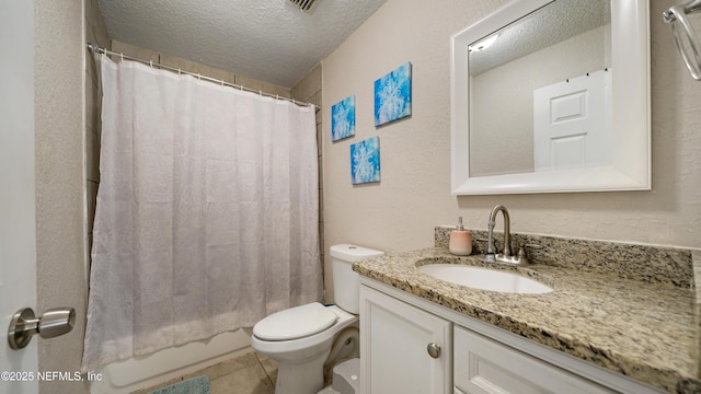 11428 Rustic Pines Cir E, Jacksonville, FL 32257 - full bathroom featuring a textured ceiling, toilet, vanity, tile patterned floors, and shower / bathtub combination with curtain
